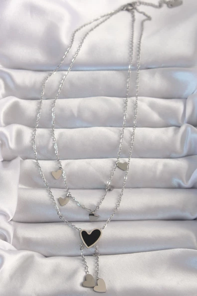 316L Çelik Gümüş Renk Mineli Çoklu Kalp Kolye - EBJ240820W26658 - Resim 2