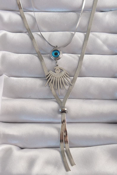 316L Çelik Gümüş Renk Zirkon Taşlı Göz Detay Nazarlı Uzun Asansör Model Kolye - EBJ240820W26651 ürün görseli