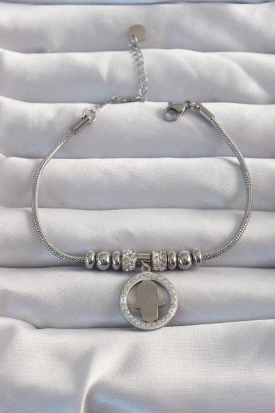 316L Çelik Gümüş Renk Zirkon Taş Aksesuarlı Fatma Ana Eli Bileklik - EBJ240820W26641 ürün görseli