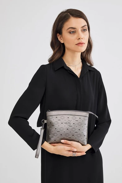 Kadın Basic Clutch Çanta Monogram Desenli Logolu Gümüş Siyah (4010G) 214009 - 2