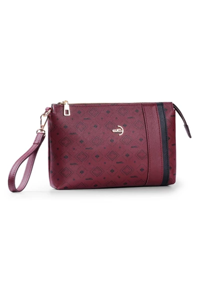 Kadın Basic Clutch Çanta Monogram Desenli Şeritli Bordo Siyah (4006B) 214012 - 3