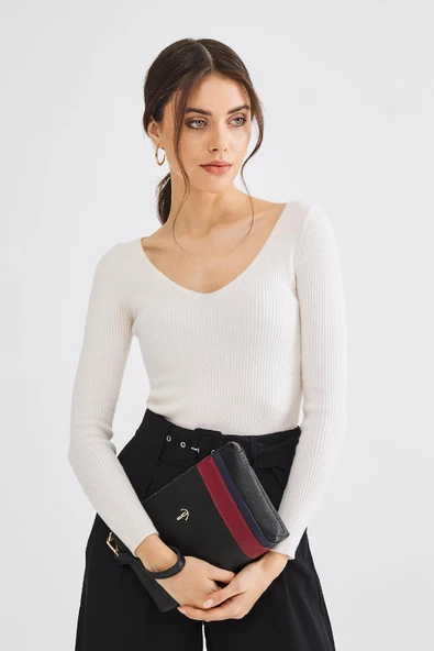 Kadın Basic Clutch Çanta Düz Desenli Şeritli Logolu Siyah Bordo (4006S-BL) 214012 - 3