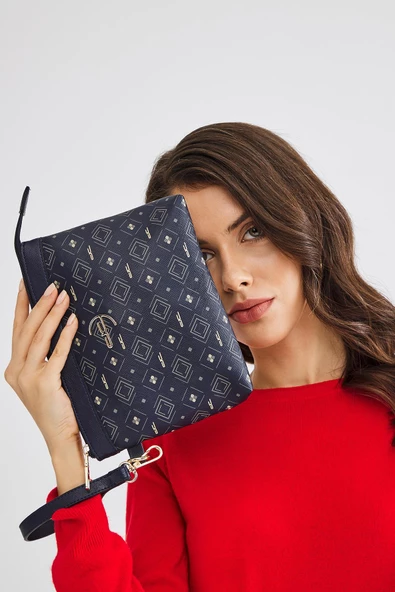Kadın Basic Clutch Çanta Monogram Desenli Logolu Lacivert Beyaz (4010L) 214009 - 2