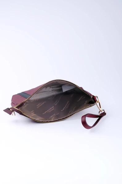 Kadın Basic Clutch Çanta Monogram Desenli Şeritli Bordo Siyah (4006B) 214012 - 5