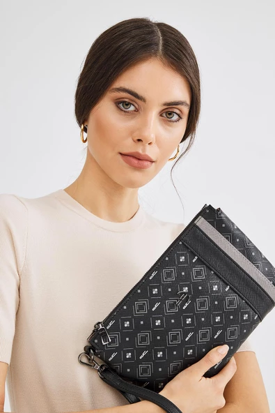 Kadın Basic Clutch Çanta Monogram Desenli Şeritli Siyah Gri (4006SG) 214012 - 3