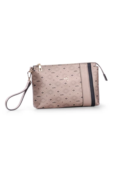 Kadın Basic Clutch Çanta Monogram Desenli Şeritli Altın Siyah (4006A) 214012 - 2