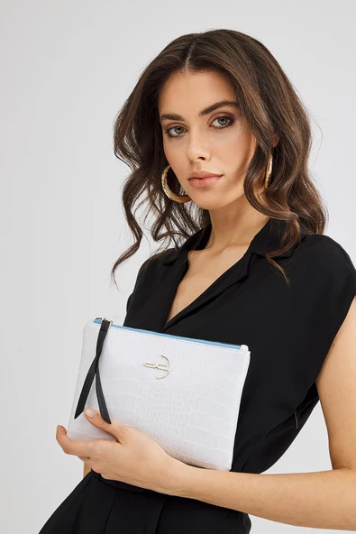 Kadın Basic Clutch Çanta Kroko Timsah Desen Beyaz (4031-BB) 214030 - 2