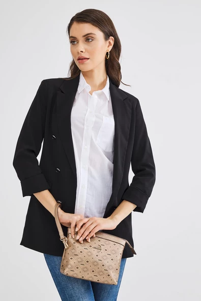 Kadın Basic Clutch Çanta Monogram Desenli Logolu Altın Siyah (4010A) 214009 - 2