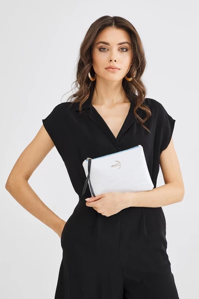 Kadın Basic Clutch Çanta Kroko Timsah Desen Beyaz (4031-BB) 214030 - 3