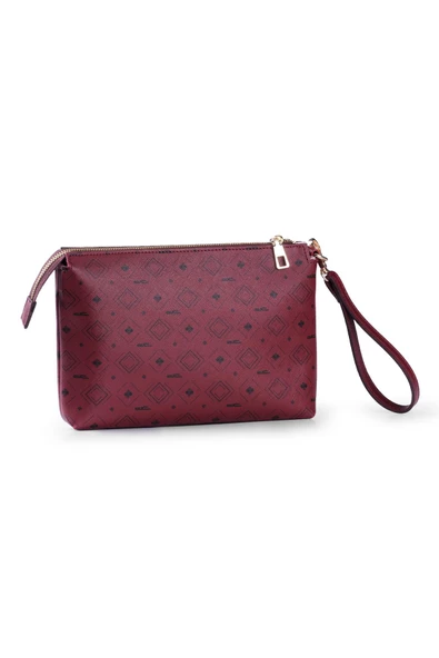 Kadın Basic Clutch Çanta Monogram Desenli Şeritli Bordo Siyah (4006B) 214012 - 4