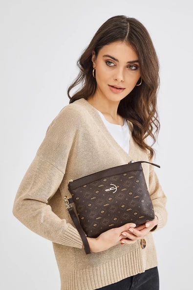 Kadın Basic Clutch Çanta Monogram Desenli Logolu Kahverengi Taba (4010K) 214009 - 2