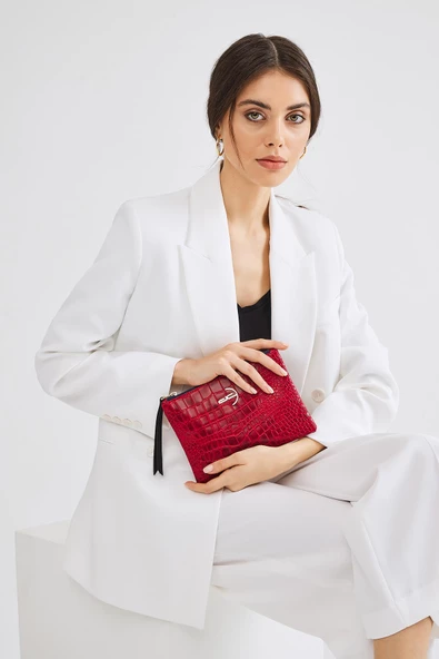 Kadın Basic Clutch Çanta Kroko Timsah Desen Bordo (4031-B) 214030 - 2