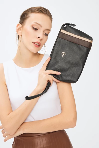 Kadın Basic Clutch Çanta Düz Desenli Şeritli Logolu Siyah Kahverengi (4006S-KA) 214012 - 3