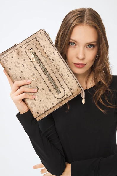 Kadın Basic Clutch Çanta Monogram Desen Altın Siyah (4034A) 214031 - 3
