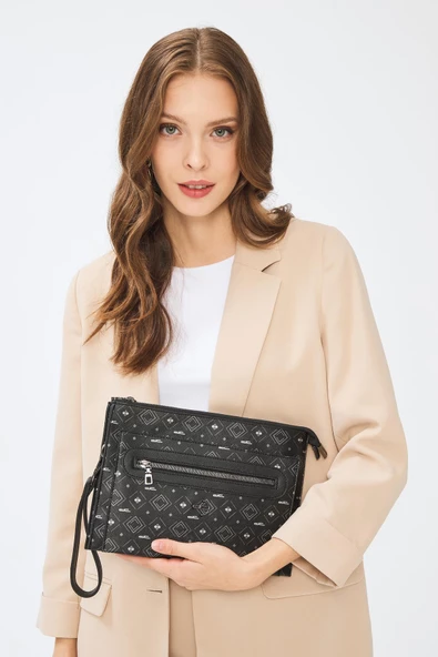 Kadın Basic Clutch Çanta Monogram Desen Siyah Gri (4034SG) 214031 - 4