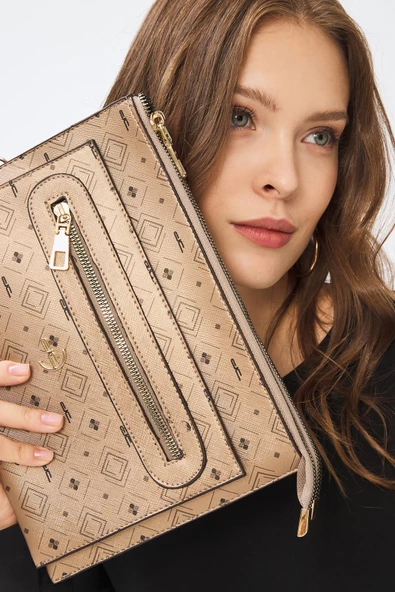 Kadın Basic Clutch Çanta Monogram Desen Altın Siyah (4034A) 214031 - 4