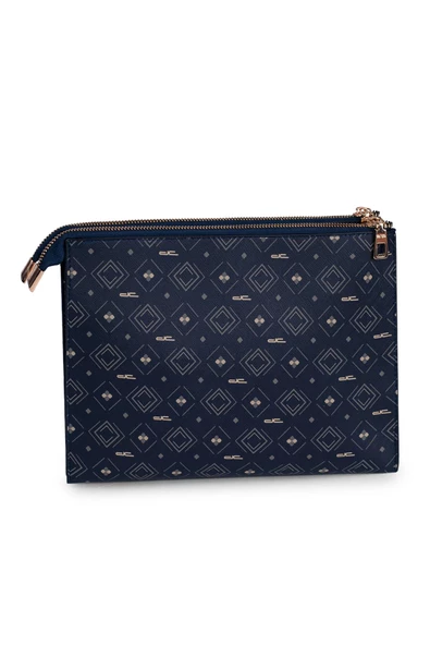 Kadın Basic Clutch Çanta Monogram Desen Lacivert Bej (4034L) 214031 - 11