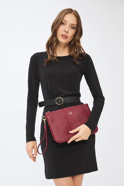 Kadın Basic Clutch Çanta Monogram Desenli Şeritli Logolu Bordo 214002 - 2
