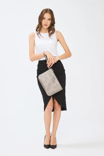 Kadın Basic Clutch Çanta Monogram Desenli Gümüş 214002 - 3