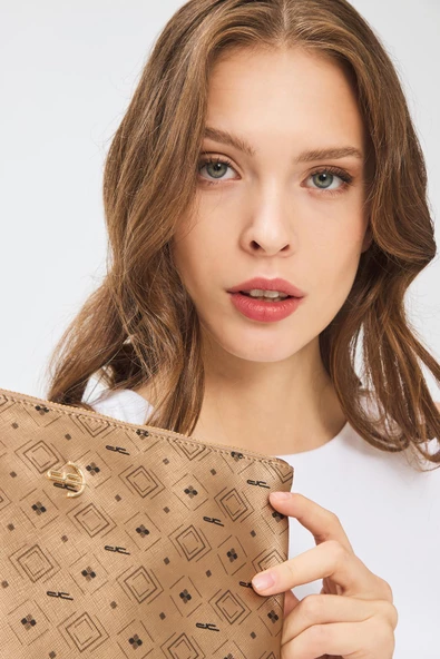 Kadın Basic Clutch Çanta Monogram Desenli Altın 214002 - 2