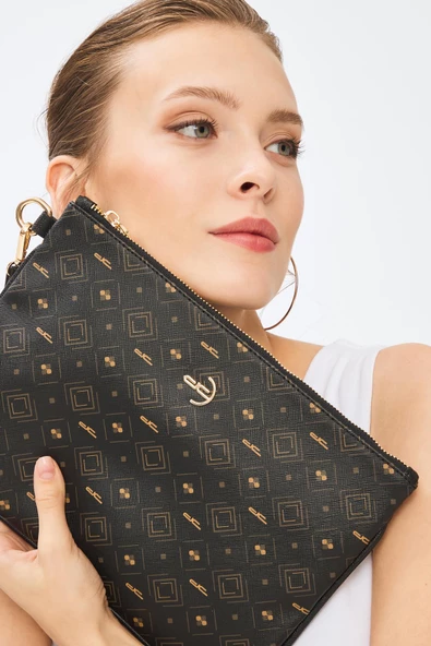 Kadın Basic Clutch Çanta Monogram Desenli Siyah Taba 214002 - 3