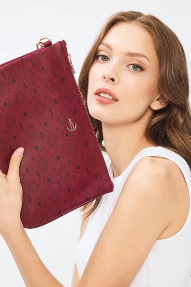Kadın Basic Clutch Çanta Monogram Desenli Bordo 214002 - 2