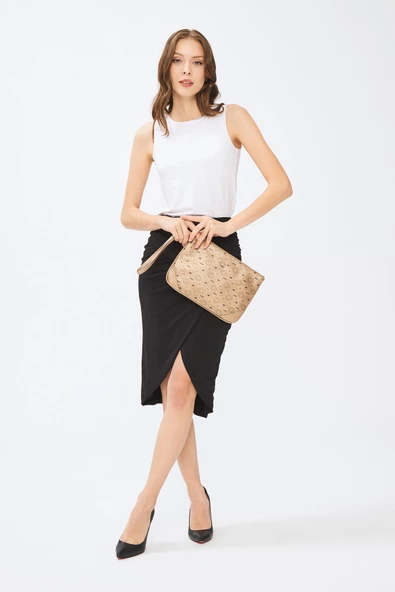 Kadın Basic Clutch Çanta Monogram Desenli Altın 214002 - 5