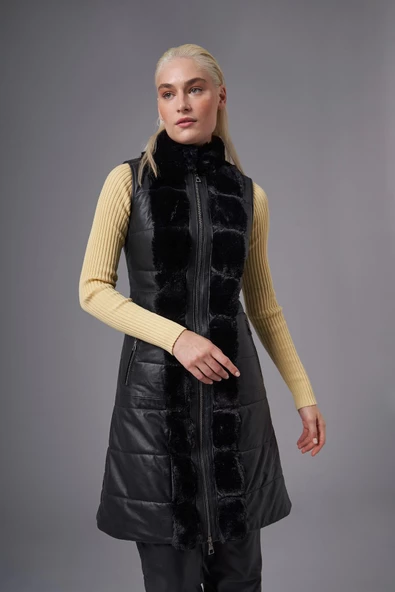 Sienna Siyah Deri Tüylü Yelek - 2