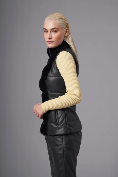 Gemma Siyah Deri Tüylü Yelek - 2