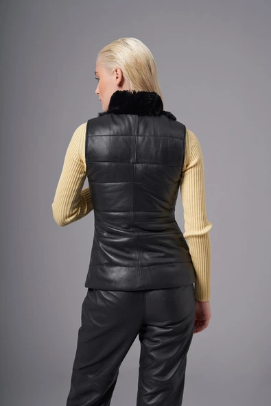 Gemma Siyah Deri Tüylü Yelek - 5
