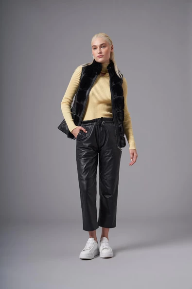 Gemma Siyah Deri Tüylü Yelek - 4