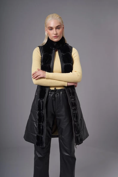 Sienna Siyah Deri Tüylü Yelek - 4