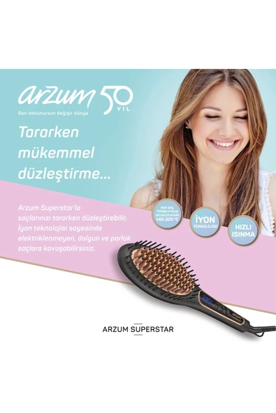 Arzum Superstar Saç Düzleştirici Fırça Ar5036 Tarak Siyah - Resim 2