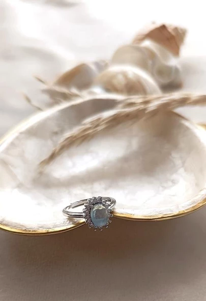 Yüzük Doğal Taş Akuamarin Ayarlanabilir Kadın Yüzük Takı Aksesuar - 2