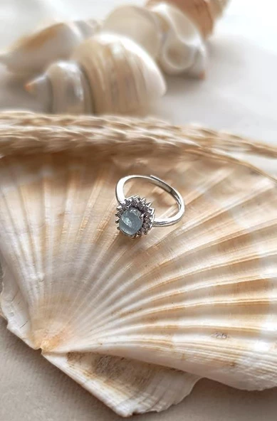 Yüzük Doğal Taş Akuamarin Ayarlanabilir Kadın Yüzük Takı Aksesuar - 4