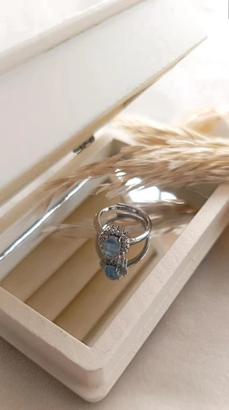 Yüzük Doğal Taş Akuamarin Ayarlanabilir Kadın Yüzük Takı Aksesuar - 3