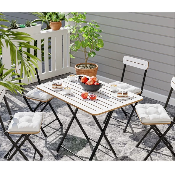Eportatif 4 Kişilik Minderli Bistro Takım Bahçe Masa Sandalye Beyaz 1431 - 3