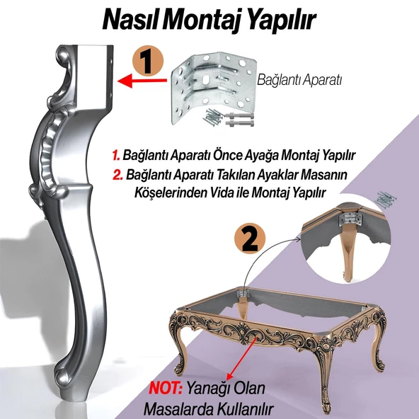 4 Adet Valenta Masa Dresuar Ayağı 76 cm Gümüş Ayak Mutfak Yemek Masası Mobilya Ayakları Gümüş Gri - 3