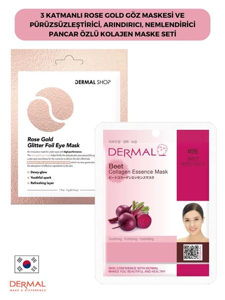 3 Katmanlı Rose Gold Göz Maskesi ve Pürüzsüzleştirici, Arındırıcı, Nemlendirici Pancar Özlü Kolajen Maske Seti