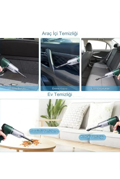 Taşınabilir Kablosuz Üfleme ve Vakum Özellikli Ev-Araba-Ofis Mini El Süpürgesi Yeşil - 4
