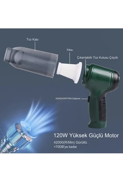 Taşınabilir Kablosuz Üfleme ve Vakum Özellikli Ev-Araba-Ofis Mini El Süpürgesi Yeşil - 5
