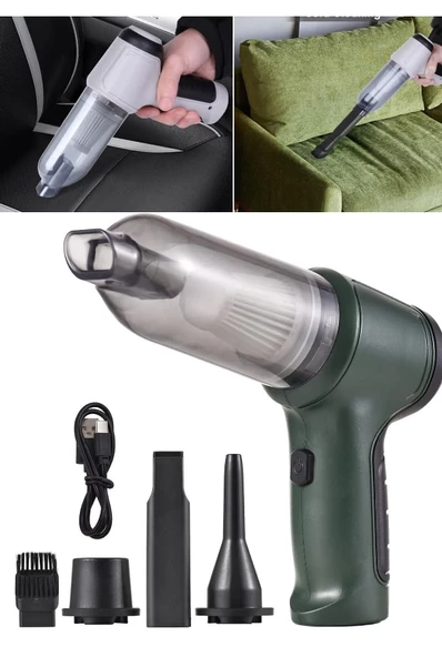 Taşınabilir Kablosuz Üfleme ve Vakum Özellikli Ev-Araba-Ofis Mini El Süpürgesi Yeşil - 7