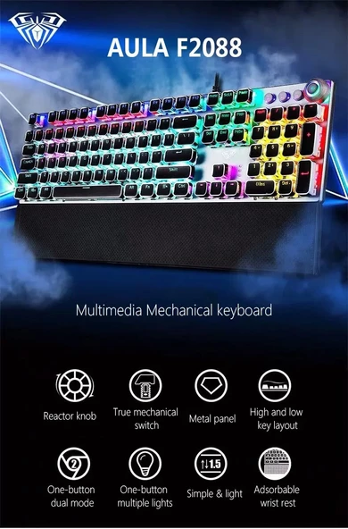 TechTic Aula F2088 Mekanik Klavye Makro Tuşlu Rgb Oyun Klavyesi Mavi Switch Gökkuşağı Aydınlatmalı - Resim 8