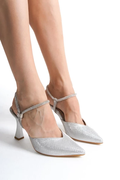 Parsan Gümüş  Taşlı Stiletto Abiye Topuklu Ayakkabı - Resim 3