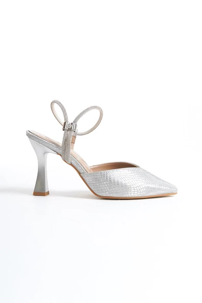 Parsan Gümüş  Taşlı Stiletto Abiye Topuklu Ayakkabı - Resim 4