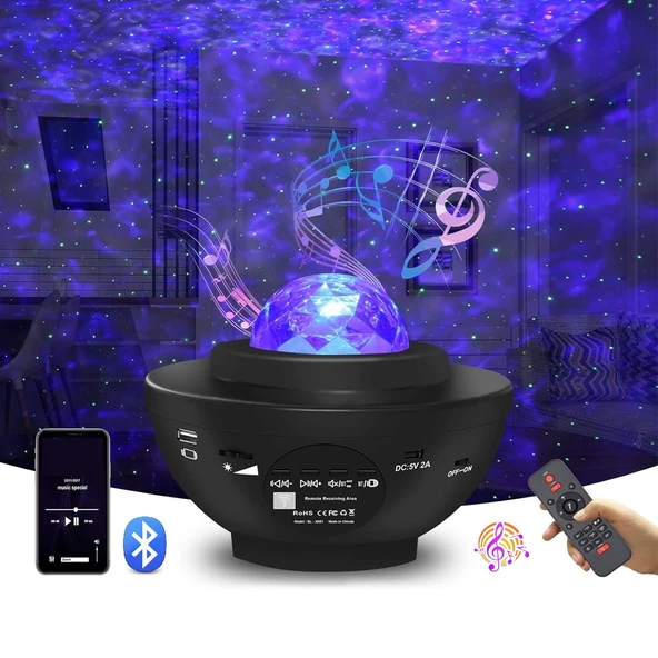HyMark Led Yıldız Bluetooth Hoparlör Usb Projektör Okyanus Dalgası 21 Modlu Gece Lambası