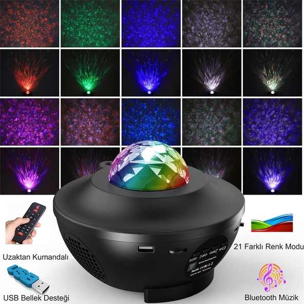 HyMark Led Yıldız Bluetooth Hoparlör Usb Projektör Okyanus Dalgası 21 Modlu Gece Lambası - Resim 2