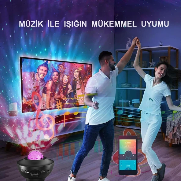 HyMark Led Yıldız Bluetooth Hoparlör Usb Projektör Okyanus Dalgası 21 Modlu Gece Lambası - Resim 6