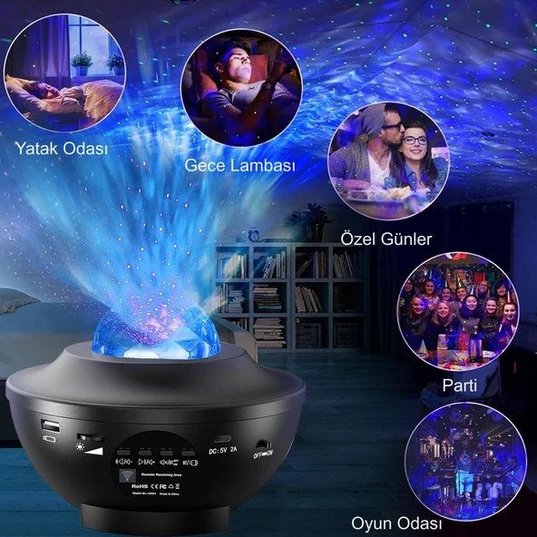 HyMark Led Yıldız Bluetooth Hoparlör Usb Projektör Okyanus Dalgası 21 Modlu Gece Lambası - 10