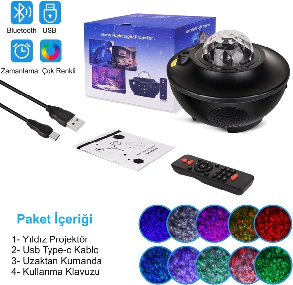HyMark Led Yıldız Bluetooth Hoparlör Usb Projektör Okyanus Dalgası 21 Modlu Gece Lambası - 7